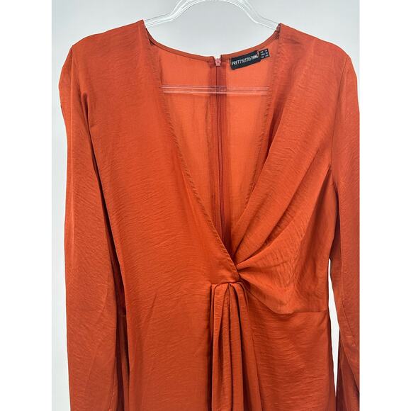 PrettyLittleThing Burnt Orange Deep V-Neck Slit Sleeve Sheath Dress Size 10 - Picture 4 of 10